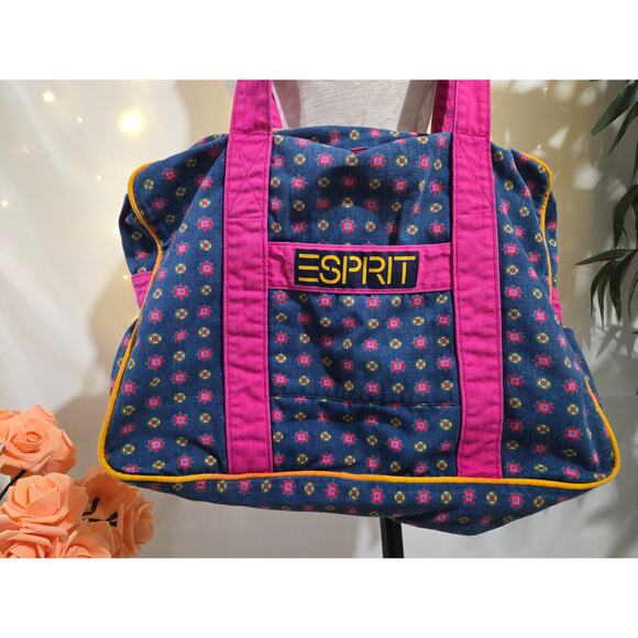 Vtg 80s 90s Esprit Floral Weekend Duffel Tote Bag Large Double Shoulder Strap - Picture 2 of 12
